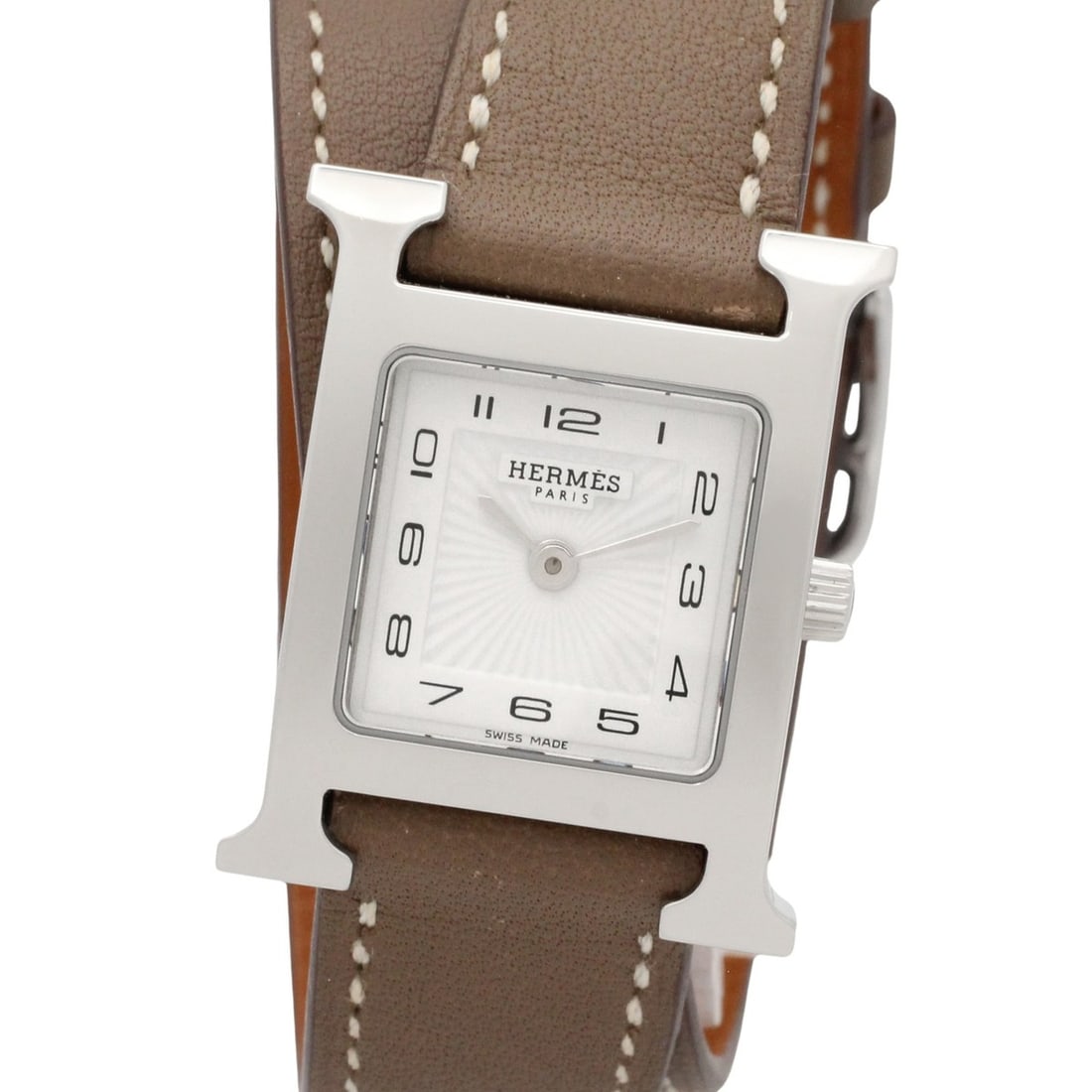 Hermes H-Watch Double Tour Wristwatch, Stainless Steel, Leather Strap, Women's, White (HH1.210): --- Catalog ---Category: SizeWrist Size: 14cm / 5.51''Case Diameter: 21mm / 0.83''Category: DesignType: WristwatchGender: WomenColor (Dial): WhiteMaterial (Band): LeatherMaterial (Case): Stainless ste