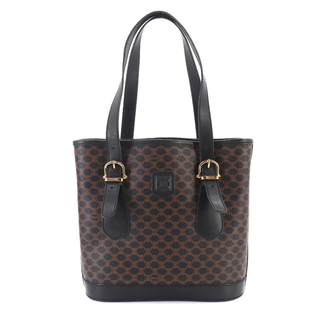 Celine Macadam Tote Handbag, Black/Brown Leather, Gold Hardware: --- Catalog ---Category: SizeSize (HxWxD): 23cm x 24.5cm x 10cm / 9.05'' x 9.64'' x 3.93''Category: DesignType: Handbag, Tote bagColor: Black, BrownGender: WomenMaterial: Faux leather Category: Genera