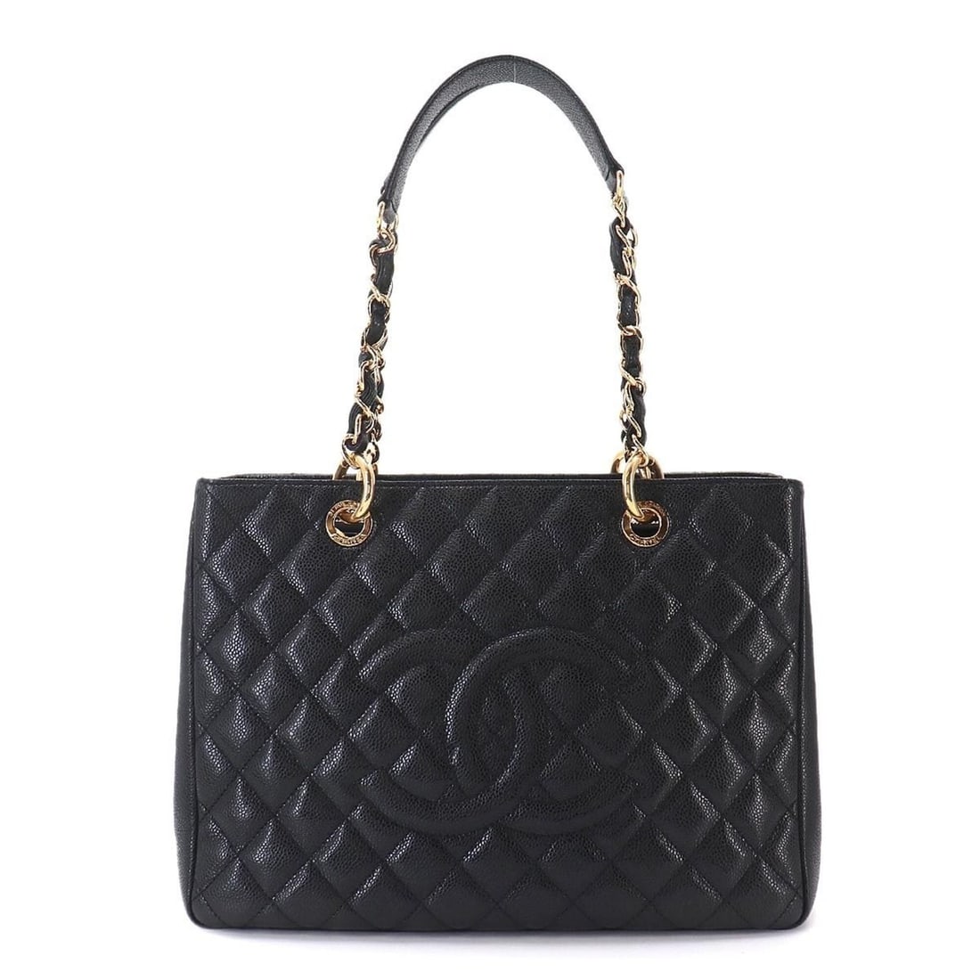 Chanel Matelasse Grand Chain Tote Handbag GST Caviar Leather Black A50995: --- Catalog ---Category: SizeSize (HxWxD): 24cm x 34cm x 13cm / 9.44'' x 13.38'' x 5.11''Category: DesignType: Handbag, Tote bagColor: BlackGender: WomenMaterial: Grained Calfskin Category: GeneralMPN