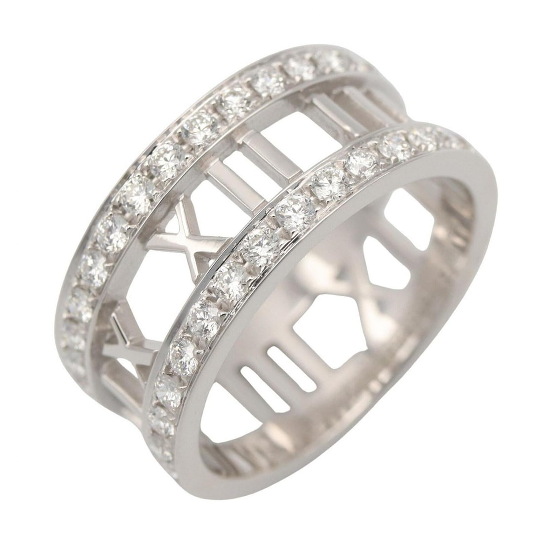 Tiffany & Co. Open Atlas Diamond Ring - 18K White Gold (18KWG) Women's Clear/Silver Tone: --- Catalog ---Category: SizeJP Size: 17US Size: 8.5Category: DesignType: Band ringColor: Clear, SilverGender: WomenMaterial: White gold (18K)Category: GeneralLine: AtlasBrand: Tiffany--- Item List --