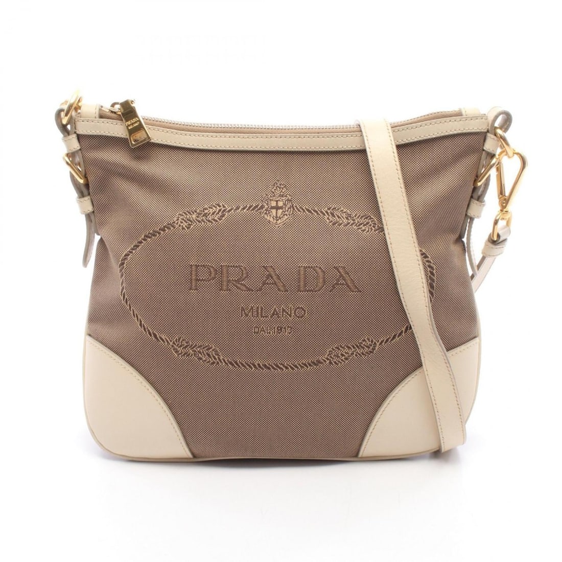 Prada LOGO JACQUARD Shoulder Bag/Handbag, Canvas and Leather, Women's, Beige/Ivory, BT0867 (1 of 17)