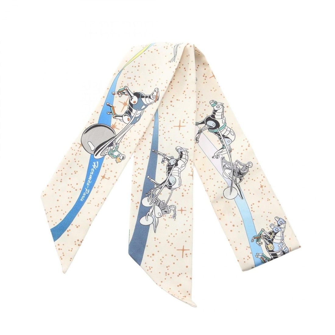Hermes Twilly Space Derby Ribbon Scarf Muffler Silk Women's Ivory White Multicolor: --- Catalog ---Category: SizeSize (LxW): 85cm x 5cm / 33.46'' x 1.96''Category: DesignType: ScarfColor: Ivory, Multi-color, WhiteGender: WomenMaterial: Silk Category: GeneralBrand: Hermes--- Item List