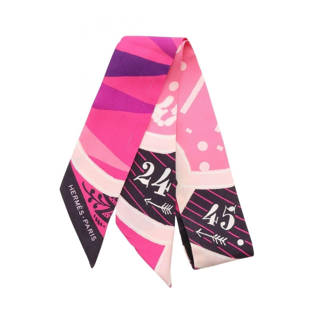 Hermes Twilly Jeu de Soie Ribbon Scarf Muffler Silk Women's Pink Black Multicolor: --- Catalog ---Category: SizeSize (LxW): 85cm x 5cm / 33.46'' x 1.96''Category: DesignType: ScarfColor: Black, Multi-color, PinkGender: WomenMaterial: Silk Category: GeneralBrand: Hermes--- Item List 