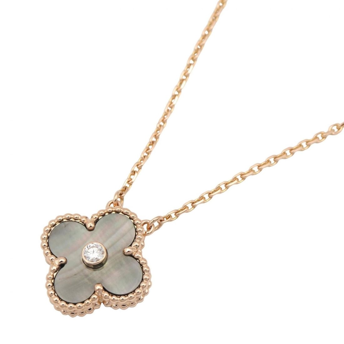 Van Cleef & Arpels Vintage Alhambra Grey Mother-of-Pearl 1PD Necklace Jewelry 18KPG (Pink Gold): --- Catalog ---Category: SizePendant Size: 14.5mm x 14.5mm / 0.57'' x 0.57''Neck Circumference: 37.5 cm - 42 cm / 14.76'' - 16.53''Category: DesignColor: Clear, Gold, GrayGender: WomenMaterial: Pink