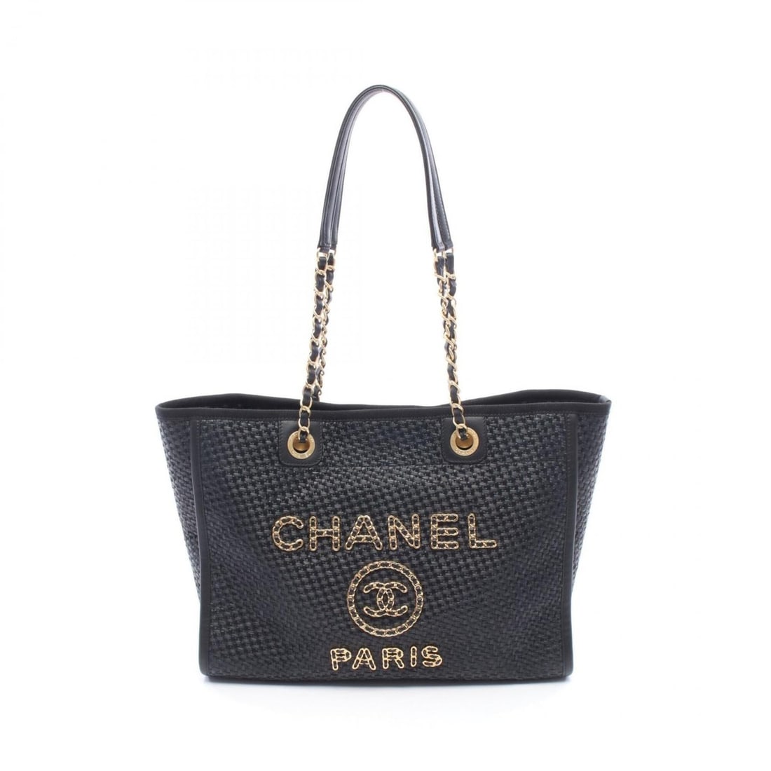 Chanel Deauville Tote Bag Handbag Leather Straw Women's Black: --- Catalog ---Category: SizeSize (HxWxD): 26cm x 35cm x 14cm / 10.23'' x 13.77'' x 5.51''Category: DesignType: Handbag, Tote bagColor: BlackGender: WomenMaterial: Leather , Straw Hardware Color: Gold