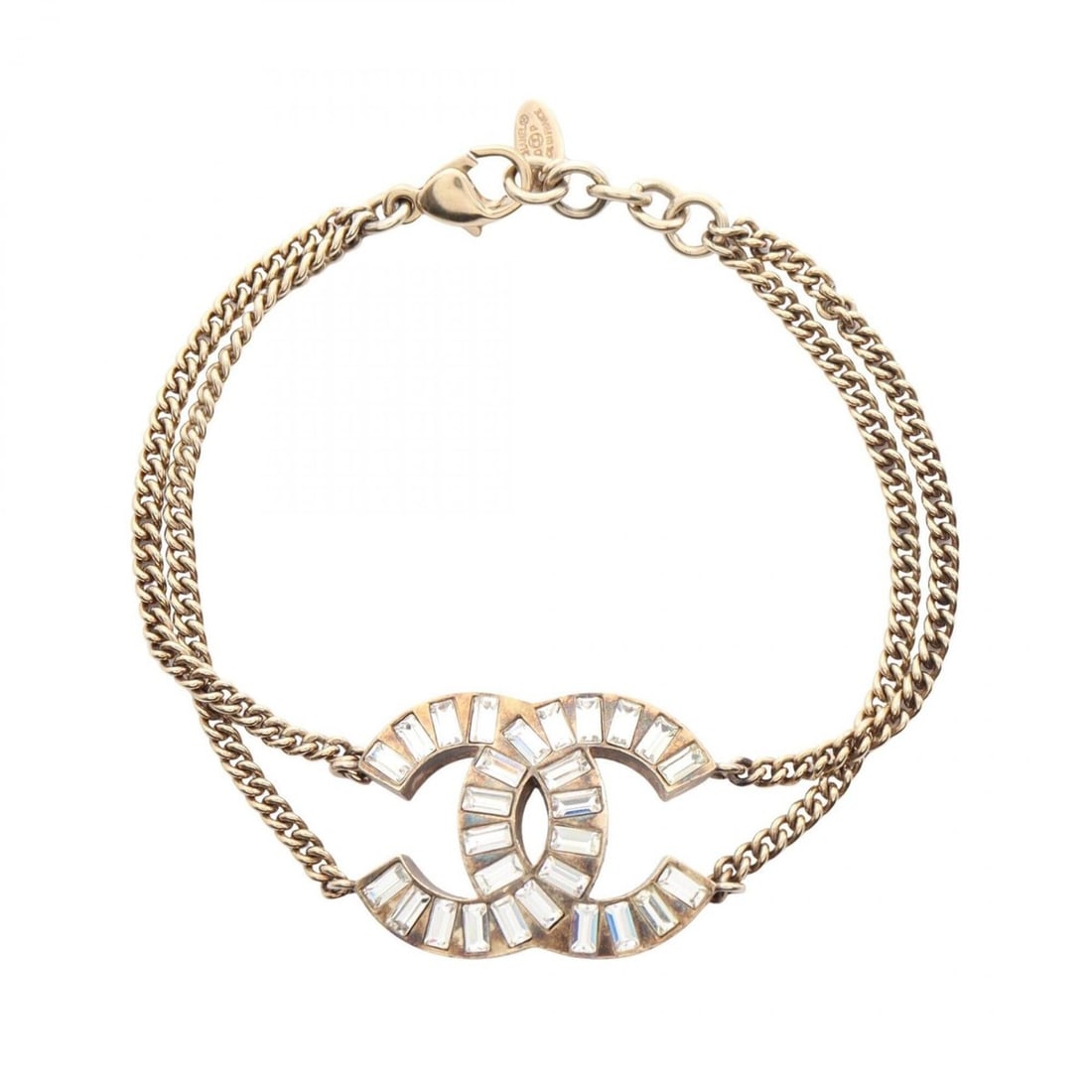 Chanel Coco Mark Double Strand Bracelet, Gold Plated (GP) with Rhinestones, Women's, Gold/Clear: --- Catalog ---Category: SizeLength: 20cm / 7.87''Category: DesignType: Charm braceletColor: GoldStone: RhinestoneGender: WomenMaterial: Gold platingCategory: GeneralBrand: Chanel--- Item List ---Sect