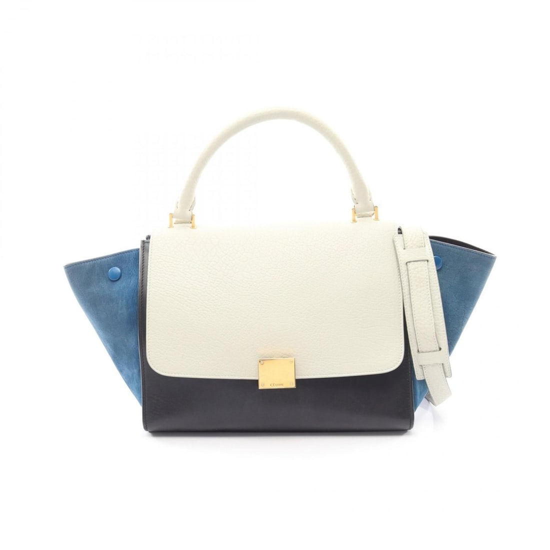 Celine Trapeze Small 2-Way Handbag, Leather/Suede, Women's, Ivory, Black, Blue: --- Catalog ---Category: SizeSize (HxWxD): 22cm x 27cm x 14cm / 8.66'' x 10.62'' x 5.51''Category: DesignType: HandbagColor: Black, Blue, IvoryGender: WomenMaterial: Leather , Suede Category: GeneralB