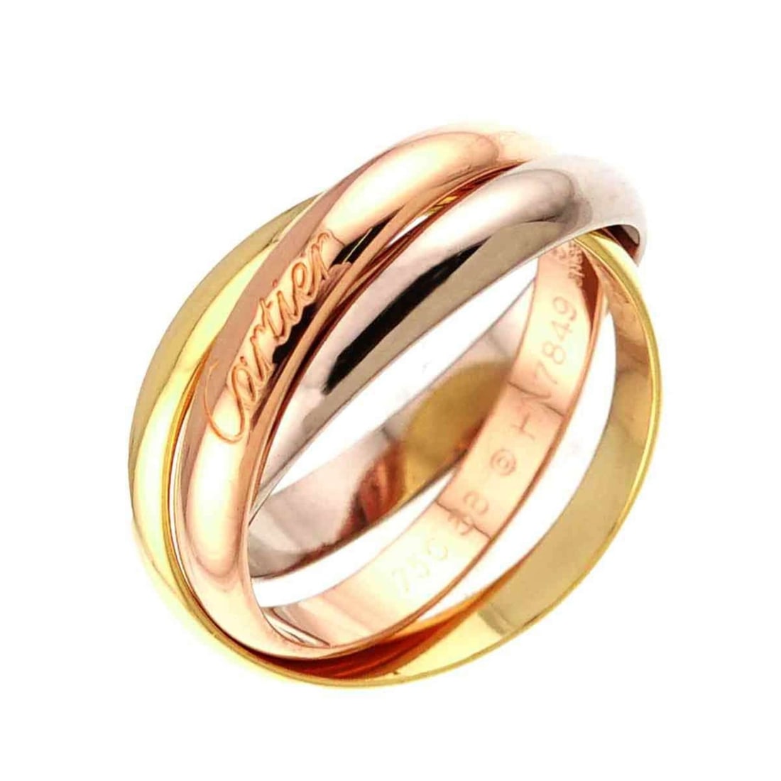 Cartier Trinity Medium MM #56 Ring, 18K Yellow Gold, White Pink Triple Band, Three Colors, 750 Gold.: --- Catalog ---Category: SizeUS Size: 8Brand Size: 56Category: DesignType: Band ringGender: Women,MenMaterial: Pink gold (18K), White gold (18K), Yellow gold (18K)Category: GeneralBrand: Cartier--- It