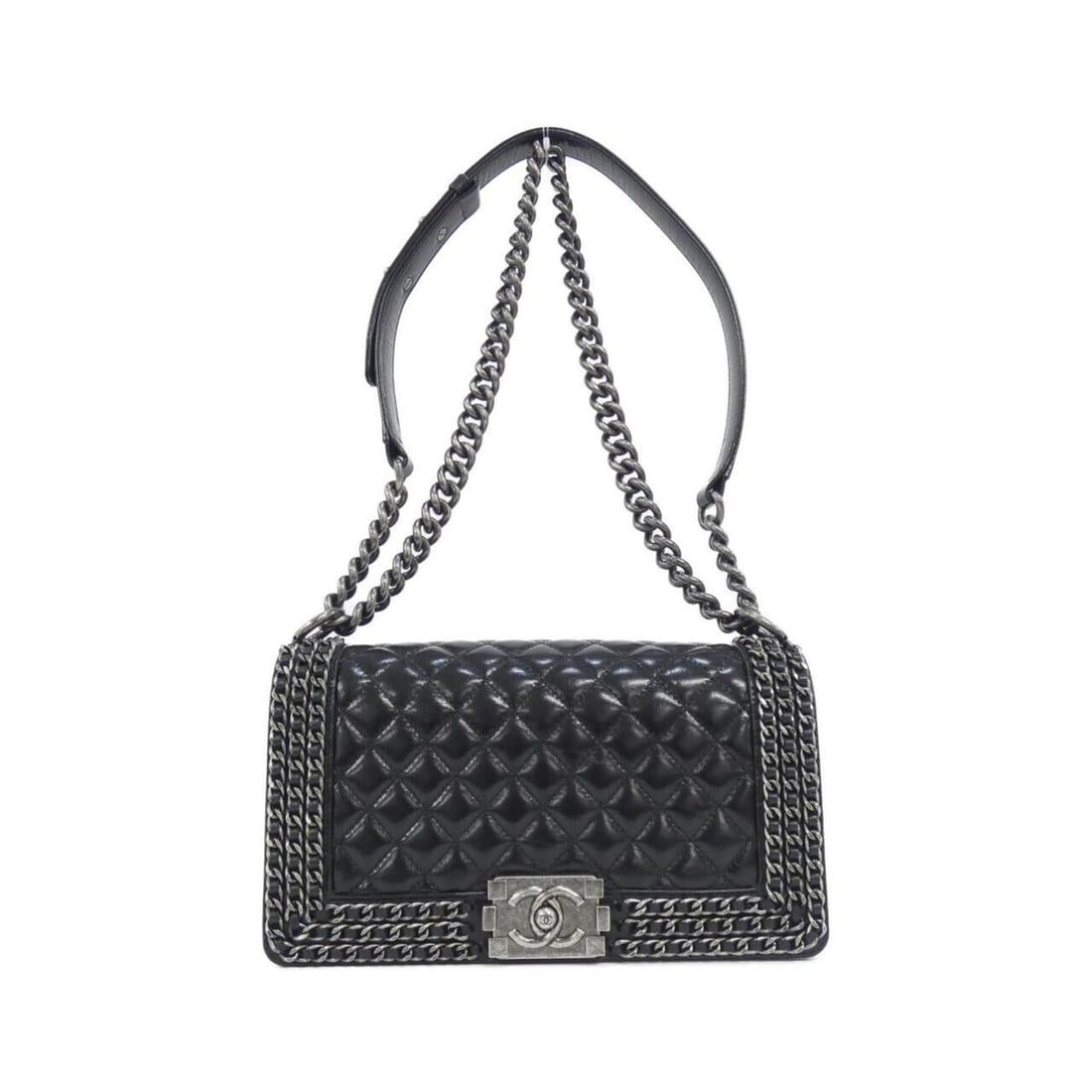 Chanel Boy line 92872 shoulder bag: --- Catalog ---Category: SizeSize (HxWxD): 14cm x 25cm x 7cm / 5.51'' x 9.84'' x 2.75''Category: DesignType: Shoulder bagColor: BlackGender: WomenMaterial: Leather Leather/Fur Type: CalfskinCategory: 