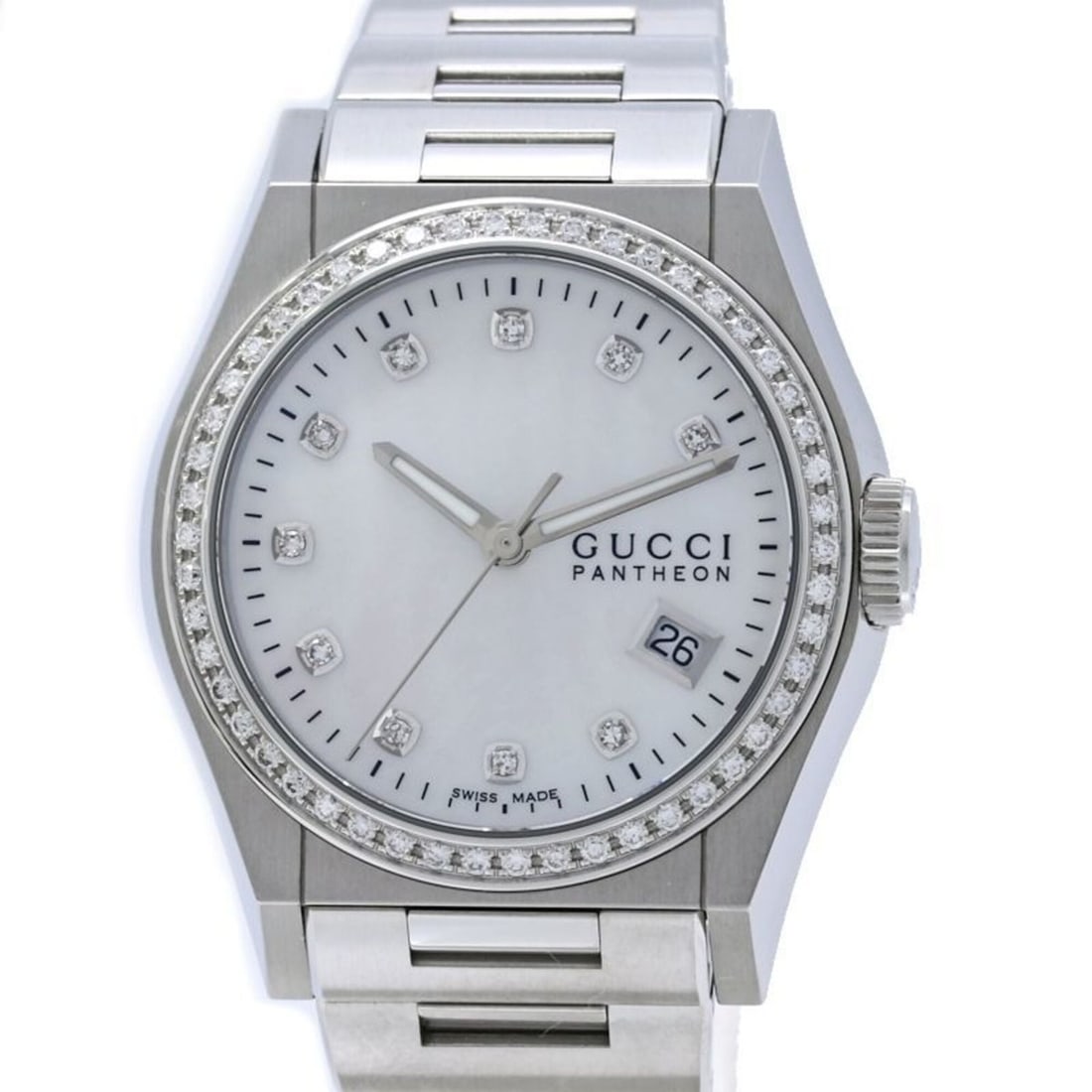 GUCCI Pantheon Bezel Diamond 10P Watch YA115404 115.4 Boys' Stainless Steel 40561: --- Catalog ---Category: SizeWrist Size: 18cm / 7.08''Case Diameter: 36mm / 1.42''Category: DesignType: WristwatchGender: MenColor (Dial): White shellMaterial (Band): Stainless steelMaterial (Case): S