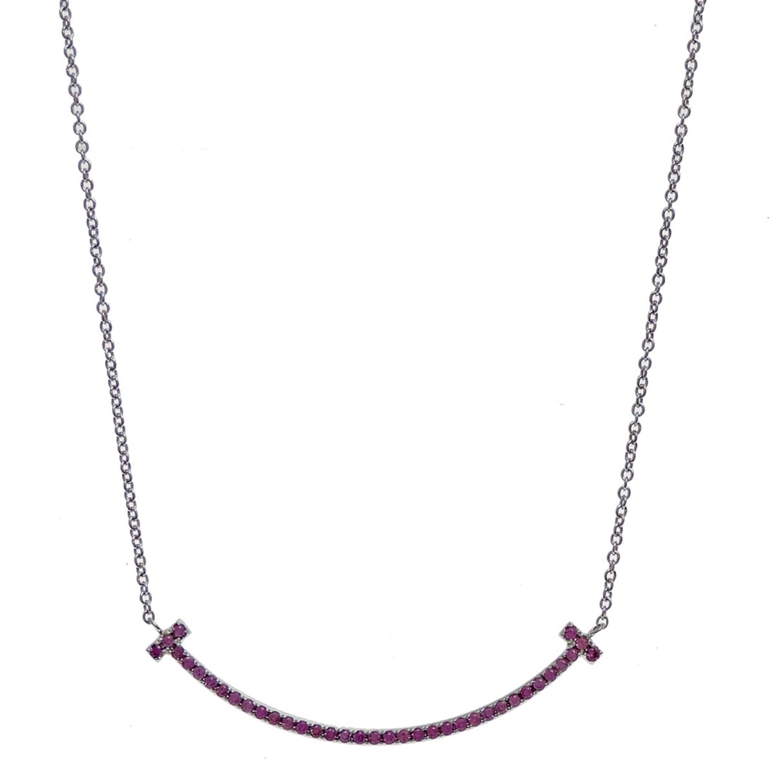 Tiffany & Co. T Smile Small Pendant Pink Sapphire Women's Necklace 60698082 750 White Gold: --- Catalog ---Category: SizePendant Size: 1.4mm x 39.3mm / 0.05'' x 1.54''Neck Circumference: 40.5 cm / 15.94''Category: DesignStone: SapphireGender: WomenMaterial: White gold (18K)Necklace Type: Nec