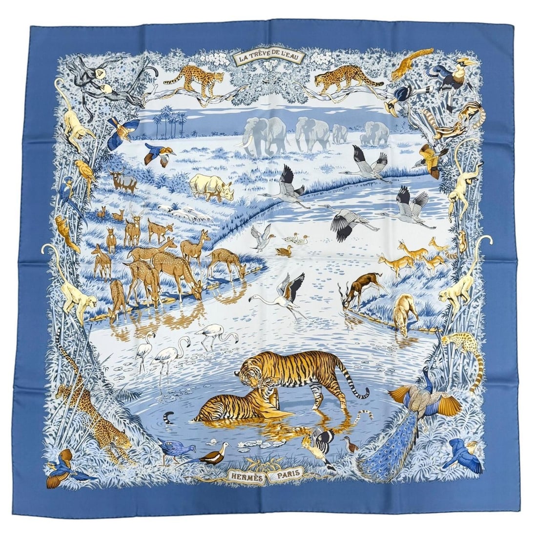 HERMES LA TREVE DE L EAU (The Water's Truce) Carre 90, 100% Silk, Extremely Rare Scarf/Muffler,: --- Catalog ---Category: SizeSize (LxW): 88cm x 89cm / 34.64'' x 35.03''Category: DesignType: ScarfColor: Blue, Multi-colorGender: WomenMaterial: Silk Category: GeneralBrand: HermesCountry of Origin: 