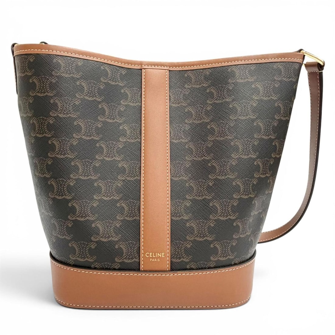 CELINE Small Bucket Triomphe Canvas Calfskin Tan Shoulder Bag Brown Made in Italy Women's with Dust: --- Catalog ---Category: SizeSize (HxWxD): 21.5cm x 22.5cm x 12.5cm / 8.46'' x 8.85'' x 4.92''Category: DesignType: Shoulder bagColor: BrownGender: WomenMaterial: Canvas , Leather Leather/Fur Type: Ca