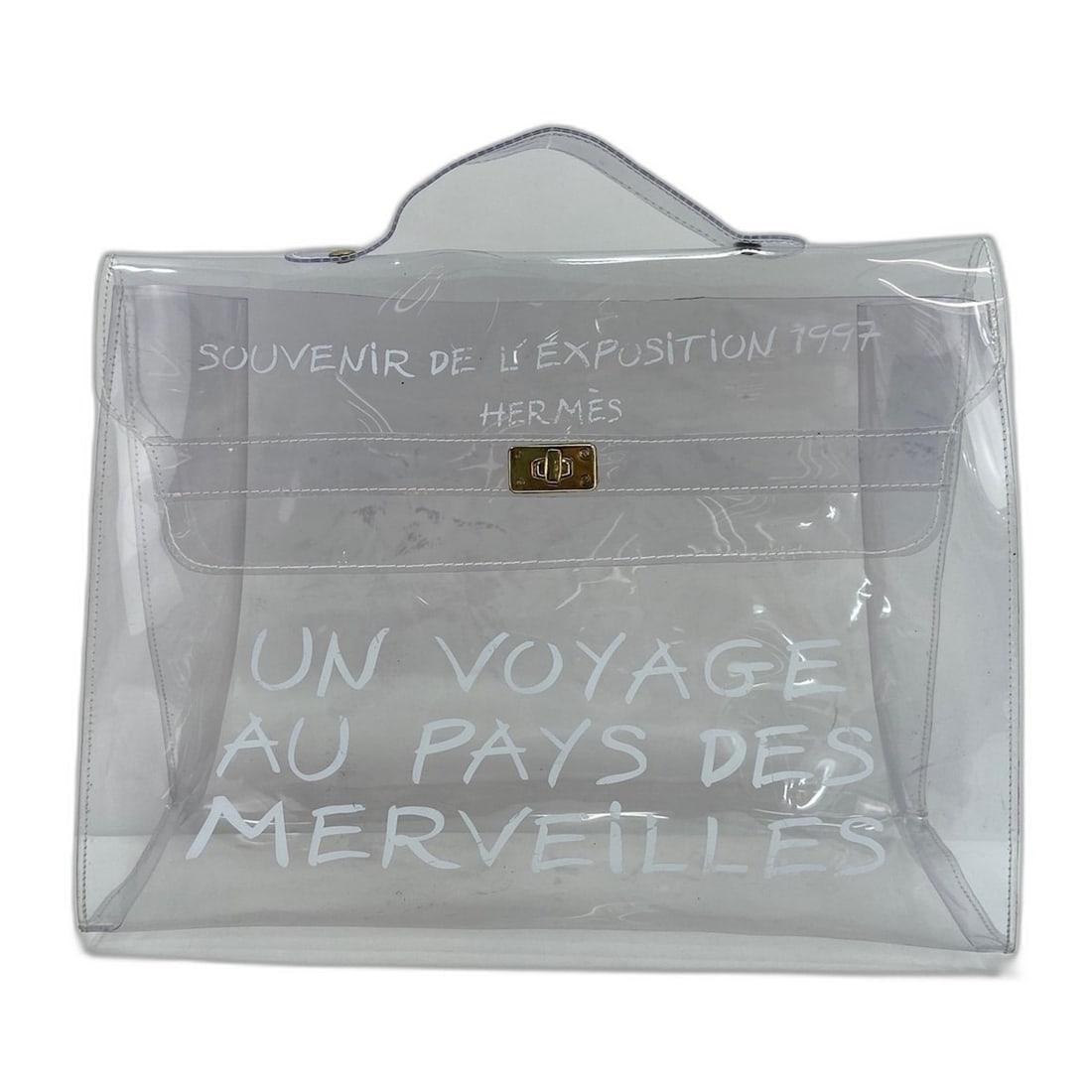 HERMES Vinyl Kelly Handbag, Clear: --- Catalog ---Category: SizeSize (HxWxD): 29cm x 40cm x 12cm / 11.41'' x 15.74'' x 4.72''Category: DesignType: HandbagColor: ClearGender: WomenMaterial: Vinyl Category: GeneralBrand: Hermes--- Item