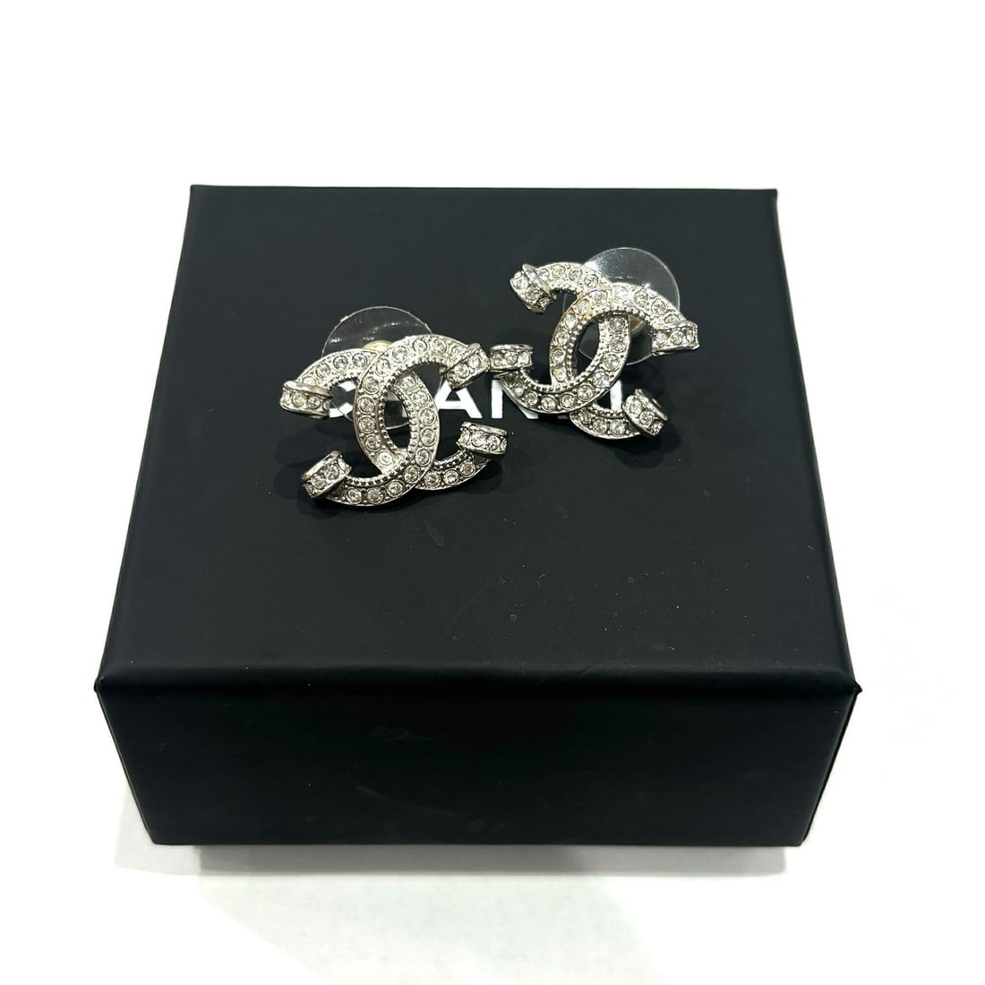 Chanel Rhinestone Coco Mark Earrings, Silver - 6