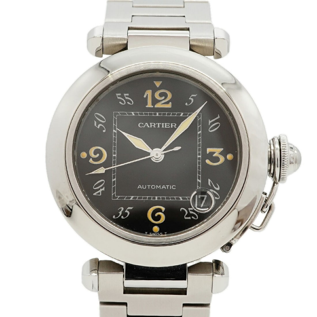 Cartier Pasha C W31043M7 Black Dial Watch (Boys' Size): --- Catalog ---Category: SizeWrist Size: 15cm / 5.9''Case Diameter: 35.2mm / 1.39''Category: DesignType: WristwatchGender: BoysColor (Dial): BlackMaterial (Band): Stainless steelCategory: GeneralMPN: 