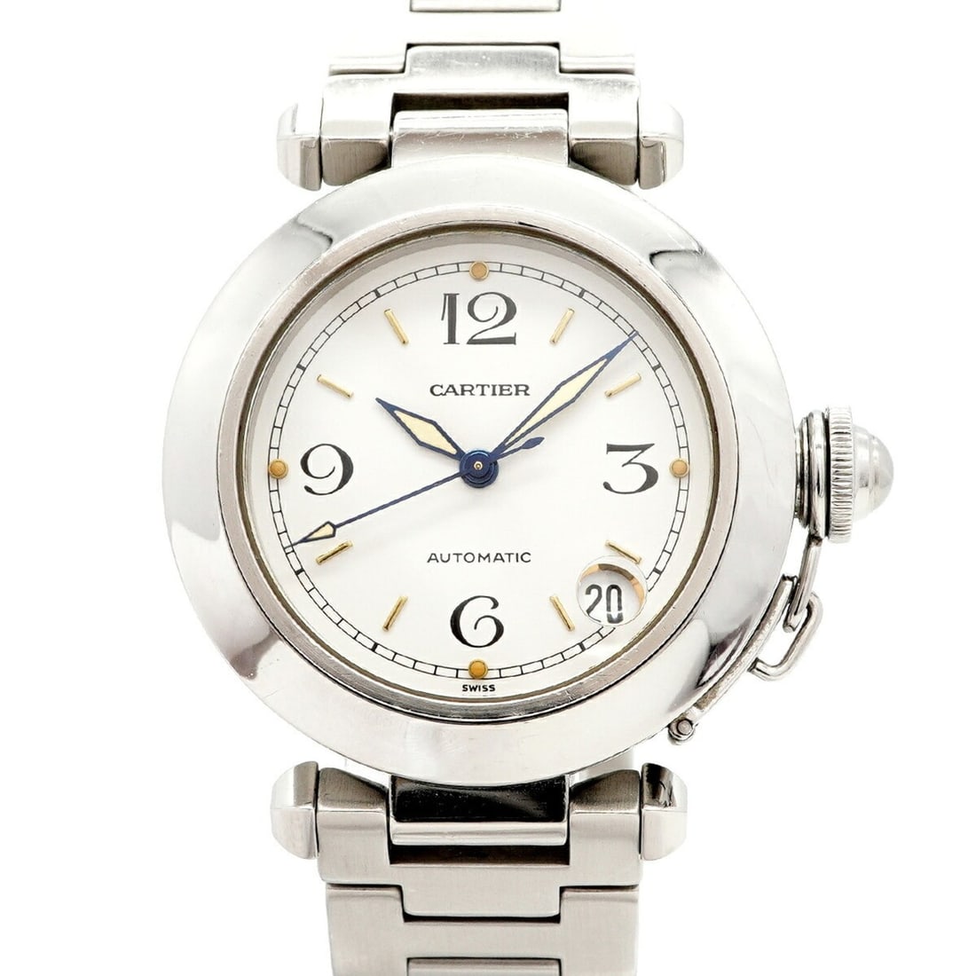 Cartier Pasha C W31015M7 White Dial Watch (Boys' Size): --- Catalog ---Category: SizeWrist Size: 15cm / 5.9''Case Diameter: 35.1mm / 1.38''Category: DesignType: WristwatchGender: BoysColor (Dial): WhiteMaterial (Band): Stainless steelCategory: GeneralMPN: 