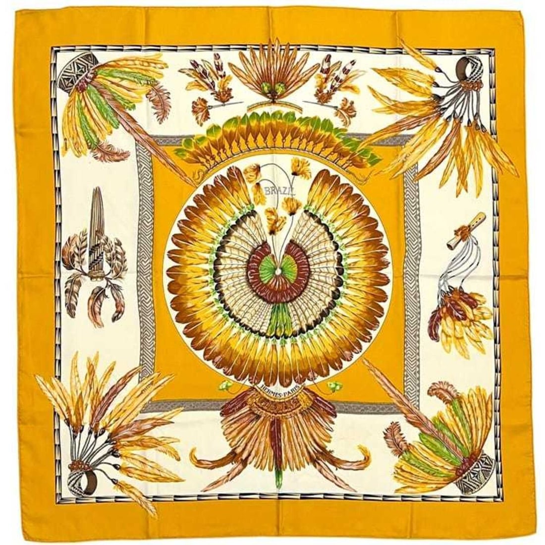 Hermes scarf/muffler, Carre 90, Brazil, 100% silk, yellow, women's.: --- Catalog ---Category: SizeSize (LxW): 90cm x 87cm / 35.43'' x 34.25''Category: DesignType: ScarfColor: YellowGender: WomenMaterial: Silk Category: GeneralBrand: HermesCountry of Origin: France--- I