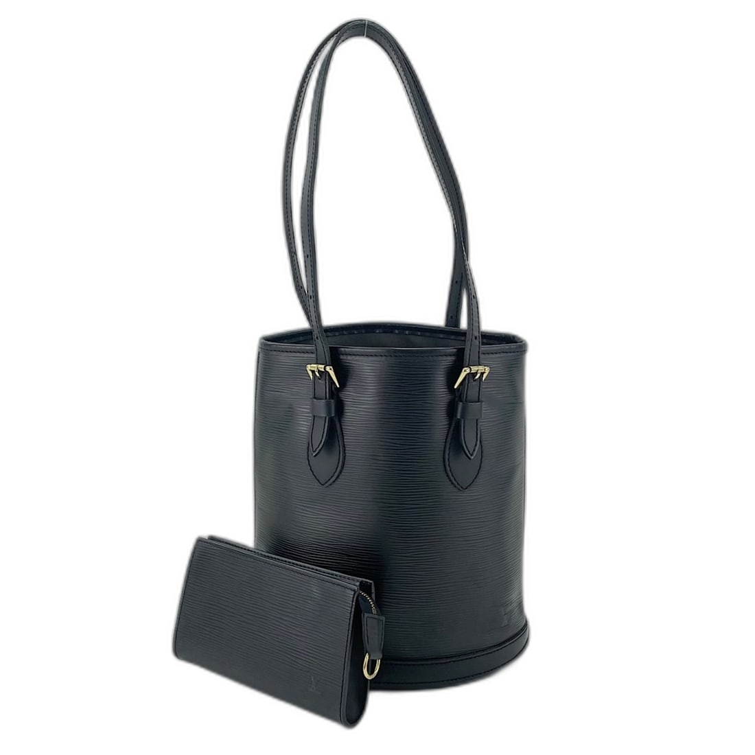 LOUIS VUITTON Petit Bucket PM Tote Bag, Black: --- Catalog ---Category: SizeSize (HxWxD): 26cm x 23cm x 16cm / 10.23'' x 9.05'' x 6.29''Strap Length: 45cm - 54cm / 17.71'' - 21.25''Category: DesignType: Tote bagColor: BlackGender: WomenMaterial: E