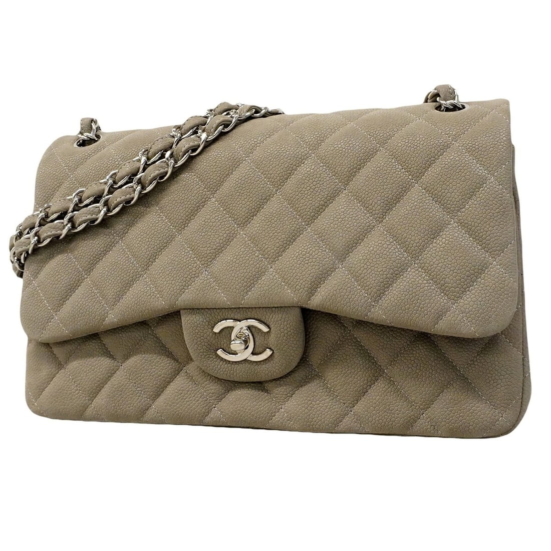 Chanel Shoulder Bag, Large Matelassé, Double Flap, Chain, Caviar Leather, Gray, Women's: --- Catalog ---Category: SizeSize (HxWxD): 22cm x 30cm x 9cm / 8.66'' x 11.81'' x 3.54''Category: DesignType: Shoulder bagColor: GrayGender: WomenMaterial: Grained Calfskin Hardware Color: SilverCateg