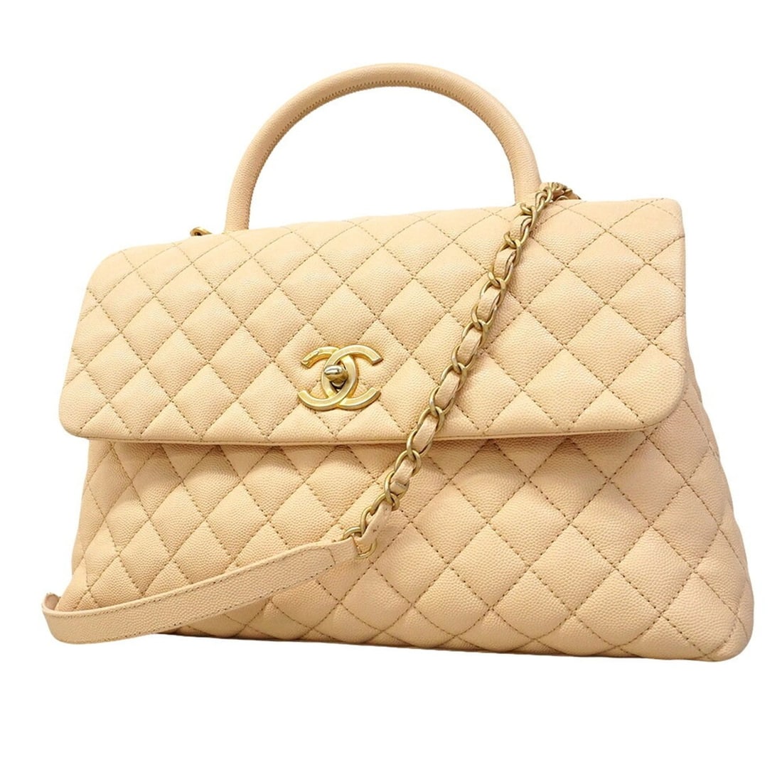 Chanel handbag, chain shoulder bag, Coco handle, caviar leather, beige, 2-way bag for women: --- Catalog ---Category: SizeSize (HxWxD): 22cm x 32cm x 11.5cm / 8.66'' x 12.59'' x 4.52''Category: DesignType: HandbagColor: BeigeGender: WomenMaterial: Grained Calfskin Hardware Color: GoldCategory