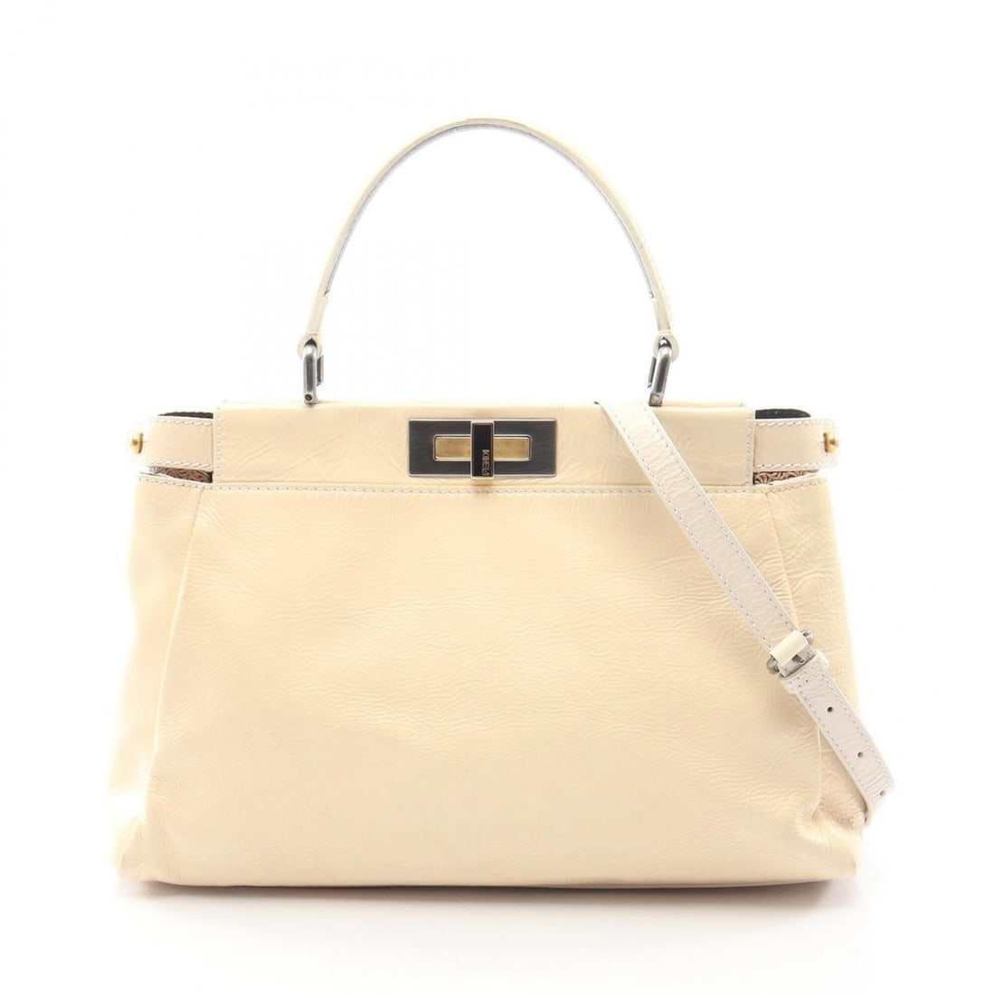 Fendi Peekaboo 2-Way Handbag, Patent Leather, Women's, Ivory (8BN211): --- Catalog ---Category: SizeSize (HxWxD): 23cm x 33cm x 12cm / 9.05'' x 12.99'' x 4.72''Category: DesignType: HandbagColor: IvoryGender: WomenMaterial: Patent leather Category: GeneralMPN: 8BN211Bran