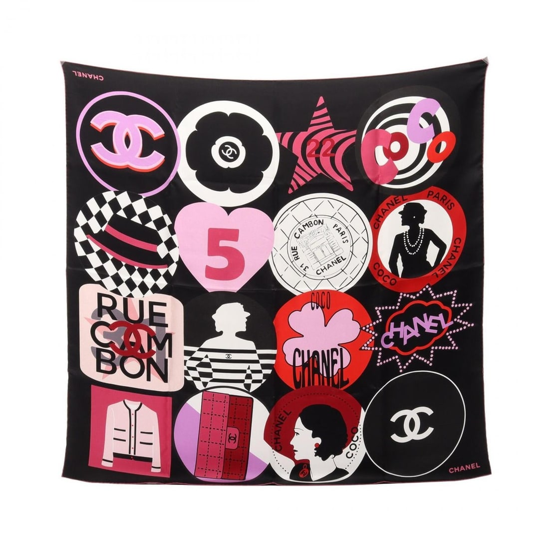 Chanel Coco Mark Icon Scarf/Muffler, Silk, Women's, Black/Purple/Multicolor: --- Catalog ---Category: SizeSize (LxW): 91cm x 91cm / 35.82'' x 35.82''Category: DesignType: ScarfColor: Black, Multi-color, PurpleGender: WomenMaterial: Silk Category: GeneralBrand: Chanel--- Item L