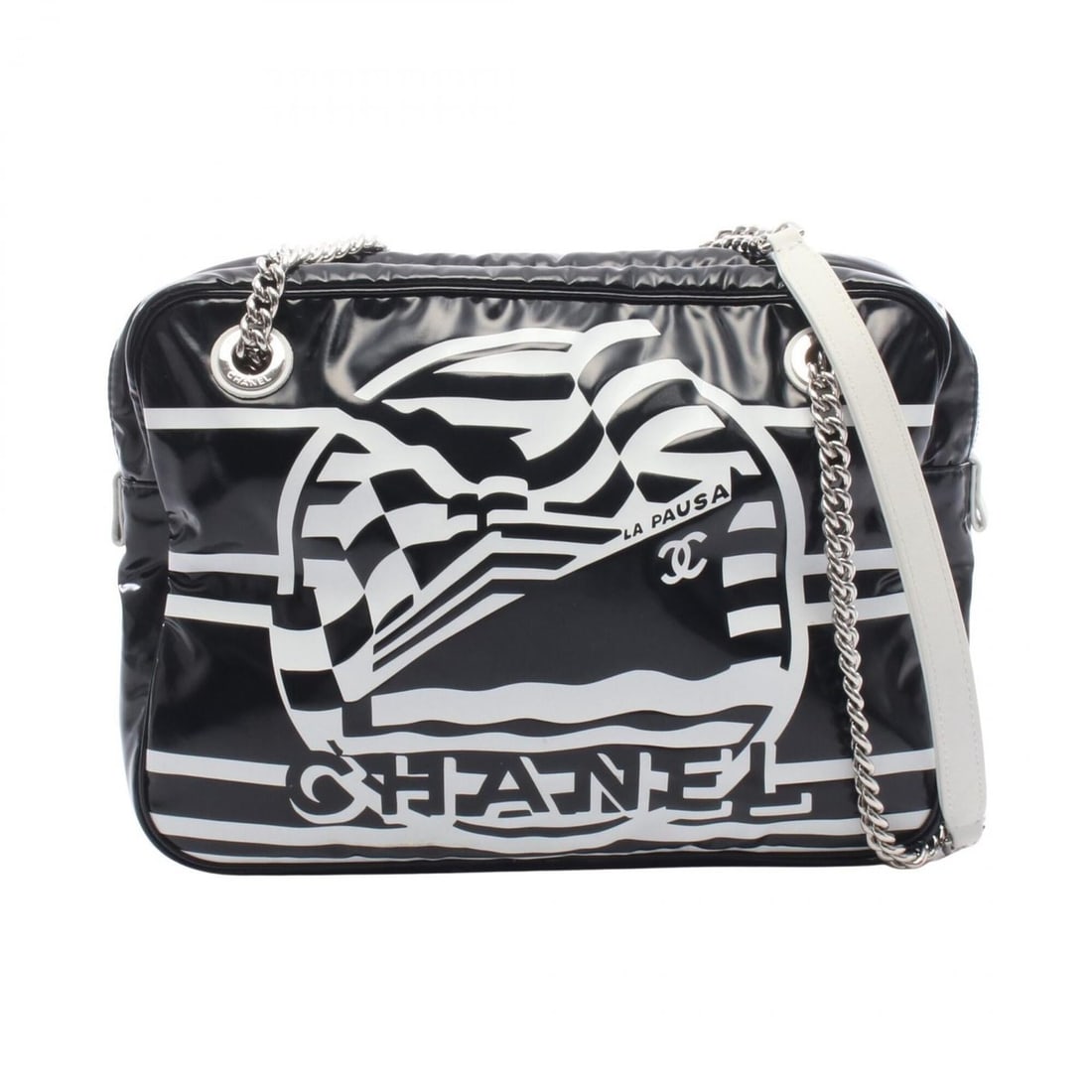 Chanel LA PAUSA Cruise Collection Shoulder Bag/Handbag, Coated Canvas Leather, Women's, Black/White: --- Catalog ---Category: SizeSize (HxWxD): 22cm x 27cm x 7cm / 8.66'' x 10.62'' x 2.75''Category: DesignType: Shoulder bagColor: Black, WhiteGender: WomenMaterial: PVC , Coated canvas , Leather Catego