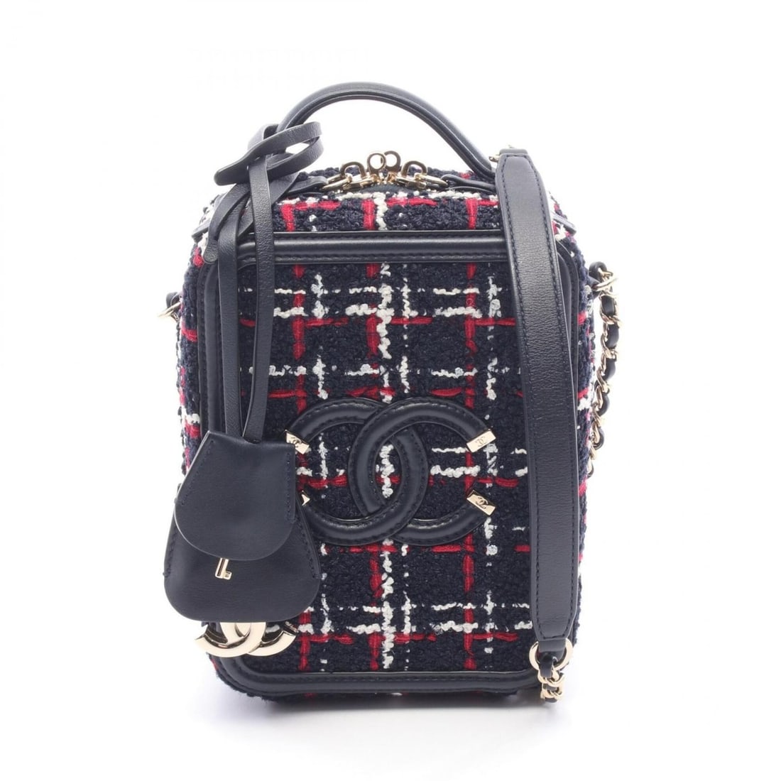 Chanel CC Filigree Shoulder Bag/Handbag, Fabric Leather, Women's, Navy, Red, White, AS0988: --- Catalog ---Category: SizeSize (HxWxD): 17cm x 13cm x 7.5cm / 6.69'' x 5.11'' x 2.95''Category: DesignType: Shoulder bagColor: Navy, Red color, WhiteGender: WomenMaterial: Fabric , Leather Category