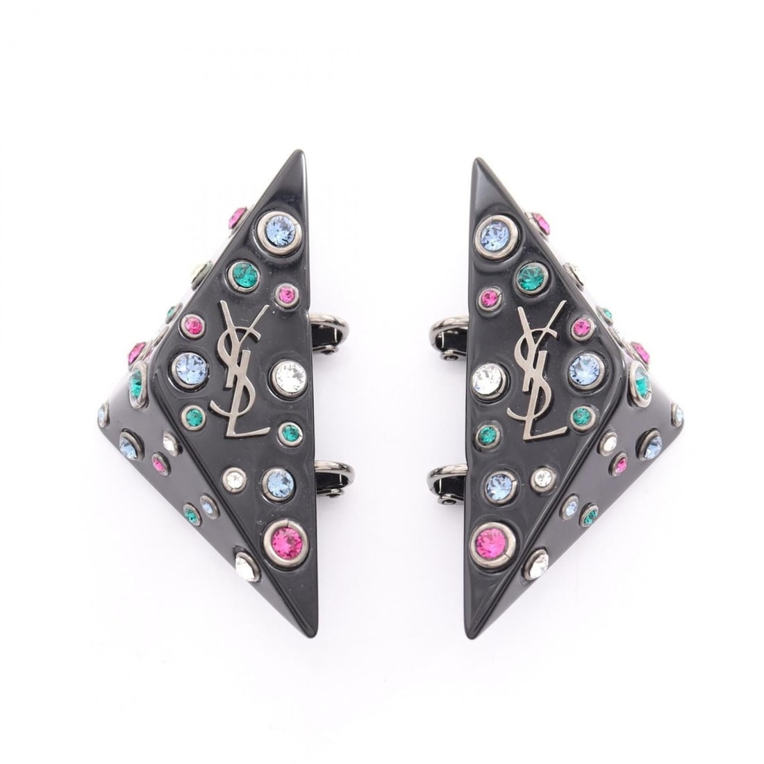 Yves Saint Laurent Saint Laurent Paris logo triangle earrings, jewelry, plastic, rhinestones,: --- Catalog ---Category: SizeSize (HxWxD): 52.00mm x 25.00mm / 2.05'' x 0.98''Category: DesignType: Clip earringsColor: Black, Multi-colorGender: WomenMaterial: Plastic, RhinestoneCategory: GeneralBra