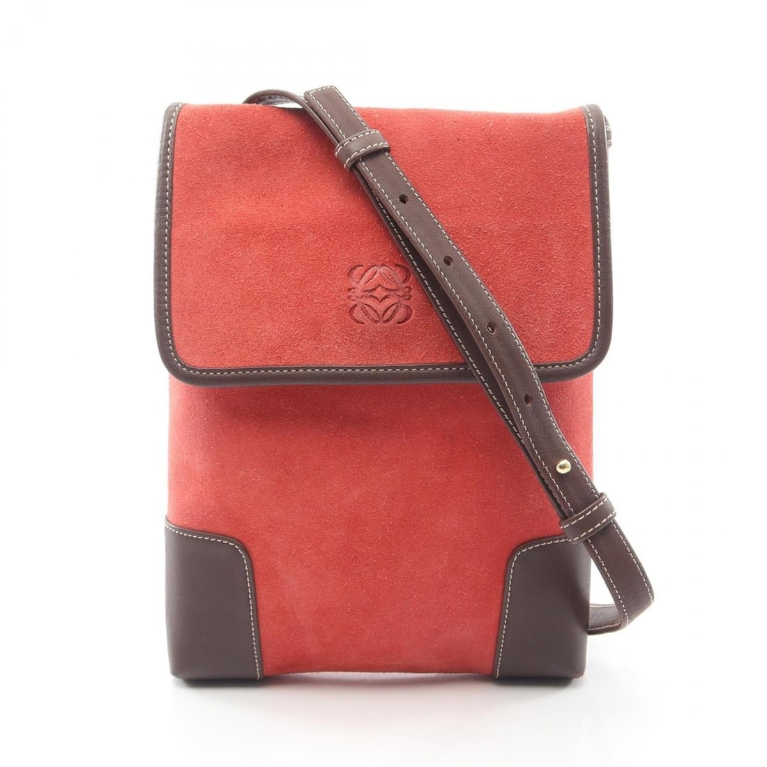 Loewe Anagram Shoulder Bag/Handbag, Suede Leather, Women's, Red/Brown: --- Catalog ---Category: SizeSize (HxWxD): 25cm x 18cm x 3cm / 9.84'' x 7.08'' x 1.18''Category: DesignType: Handbag, Shoulder bagColor: Brown, Red colorGender: WomenMaterial: Suede , Leather Category