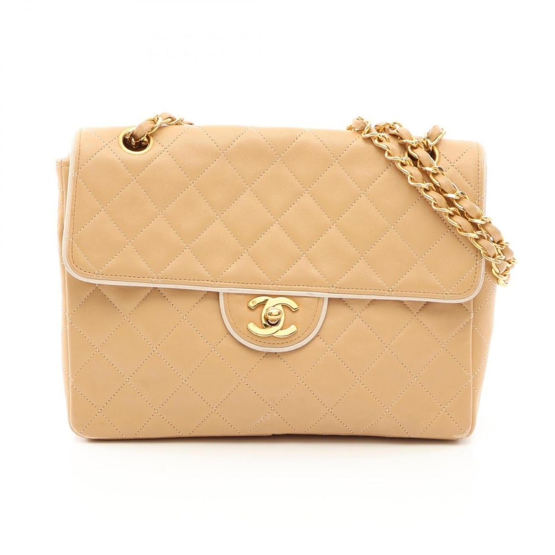 Chanel Matelassé Single Flap Shoulder Bag/Handbag, Lambskin Leather, Women's, Beige/White: --- Catalog ---Category: SizeSize (HxWxD): 17cm x 23.5cm x 6cm / 6.69'' x 9.25'' x 2.36''Category: DesignType: Handbag, Shoulder bagColor: Beige, WhiteGender: WomenMaterial: Leather Hardware Color: Go