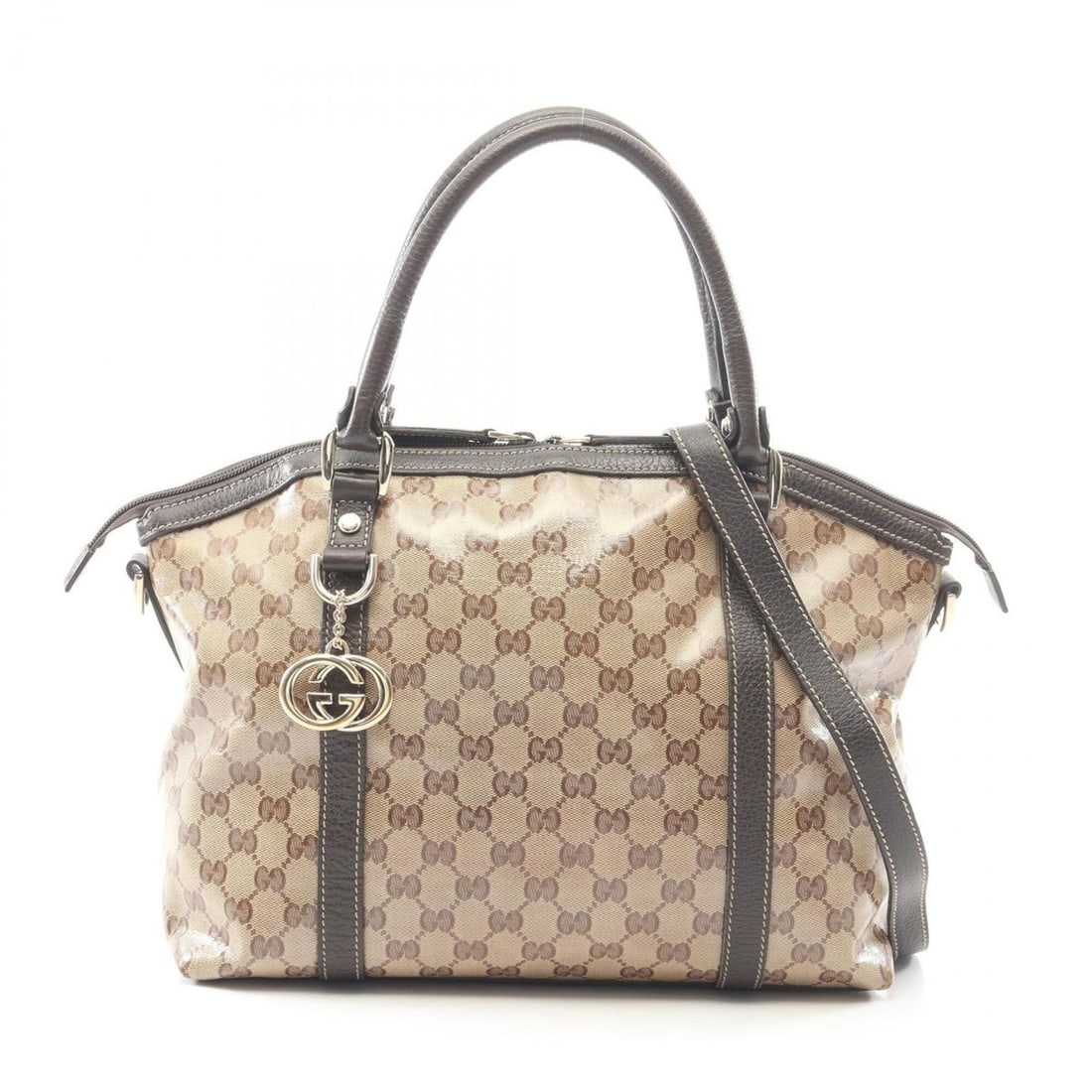 Gucci Interlocking G GG Crystal WAY Tote Bag Handbag, Coated Canvas Leather, Women's, Beige/Brown, (1 of 11)