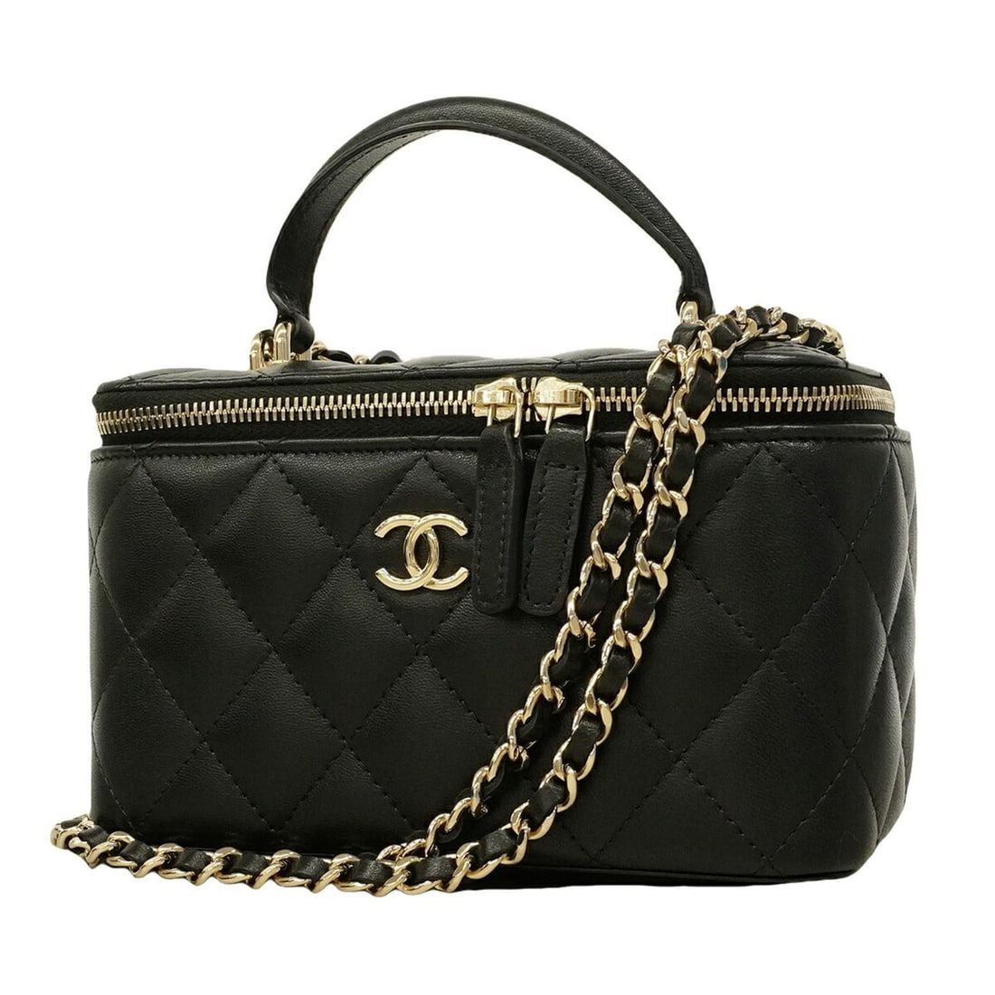 Chanel Matelassé Chain Shoulder Bag, Lambskin, Black/Champagne, 2-way bag for women, P3338721: --- Catalog ---Category: SizeSize (HxWxD): 10cm x 16.5cm x 8cm / 3.93'' x 6.49'' x 3.14''Category: DesignType: Vanity bagColor: BlackGender: WomenMaterial: Leather Leather/Fur Type: LambskinCategory: 