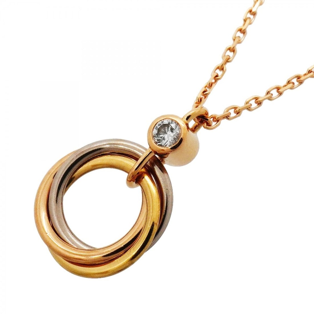 Cartier Baby Trinity Necklace, 1PD (1 diamond), available in 18K Yellow Gold (KYG), White (18KWG),: --- Catalog ---Category: SizePendant Size: 15.6mm x 10.3mm / 0.61'' x 0.4''Neck Circumference: 38 cm - 40.5 cm / 14.96'' - 15.94''Category: DesignStone: DiamondGender: WomenMaterial: Pink gold (18K), 