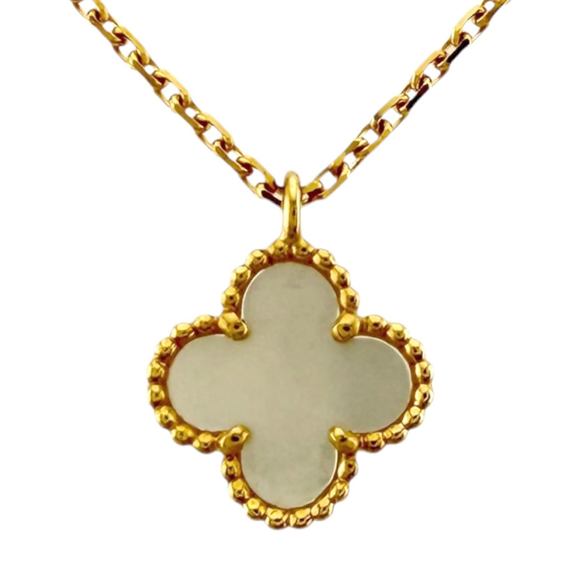 Van Cleef & Arpels Sweet Alhambra Necklace, 18K Yellow Gold, Mother of Pearl, Women's.: --- Catalog ---Category: SizeWidth: 1mm / 0.04''Weight: 2.8g / 0.09oz.Pendant Size: 11.5mm x 9mm / 0.45'' x 0.35''Neck Circumference: 40 cm / 15.74''Category: DesignStone: Mother of pearlGender: Women