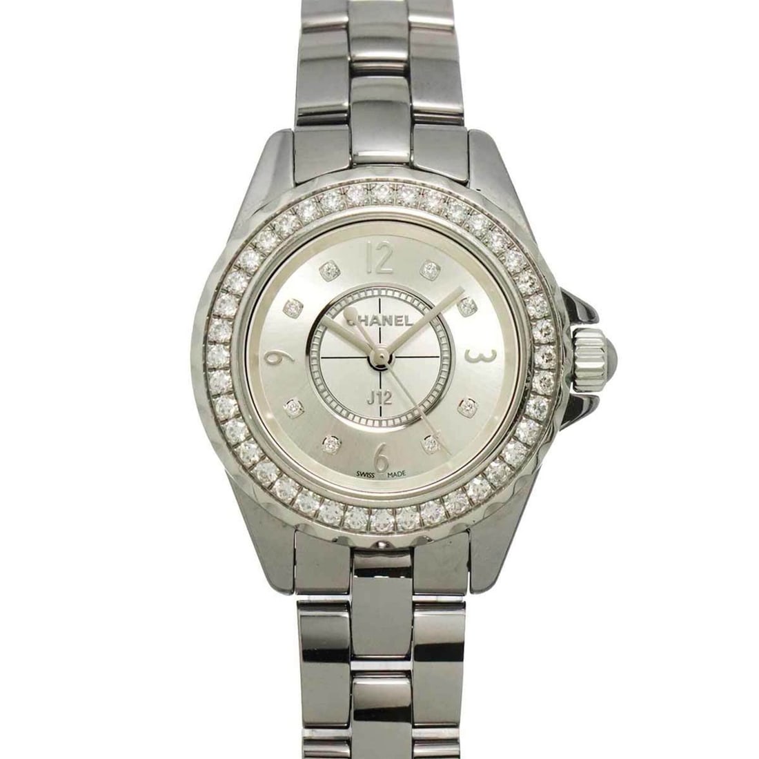 Chanel J12 Chromatic H3402 Ladies' Watch with Diamond Bezel, 8 Diamonds, Gray Ceramic, Quartz: --- Catalog ---Category: SizeWrist Size: 16cm / 6.29''Case Diameter: 29mm / 1.14''Category: DesignType: WristwatchGender: WomenColor (Dial): GrayMaterial (Band): Stainless steel, Titanium ceramicMater