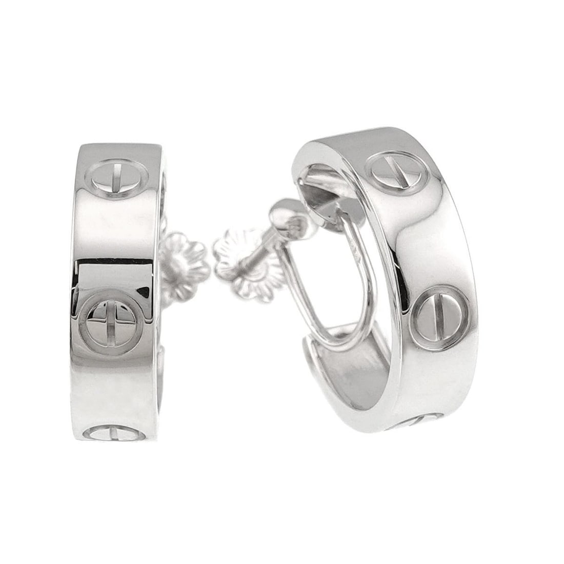 Cartier Love Earrings, 18K White Gold (750), Clip-on style.: --- Catalog ---Category: SizeSize (HxWxD): 19.60mm x 5.50mm / 0.77'' x 0.22''Category: DesignType: Clip earringsGender: WomenMaterial: White gold (18K)Category: GeneralBrand: Cartier--- Item List ---S