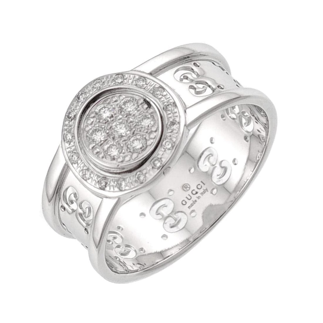 Gucci Icon Ring #14, Diamond, 18K White Gold (750): --- Catalog ---Category: SizeJP Size: 14US Size: 7Category: DesignType: Band ringGender: WomenMaterial: White gold (18K)Category: GeneralBrand: Gucci--- Item List ---Section: ConditionRanking: Rank SA