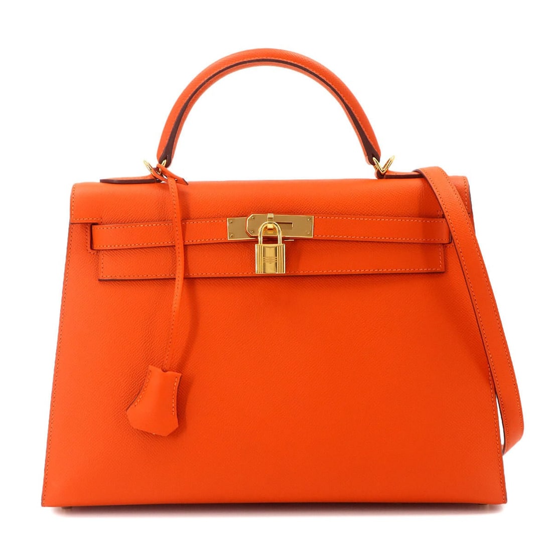 Hermes Kelly 32 Epsom leather, Feu Orange, 2-way handbag/shoulder bag, external stitching, T stamp,: --- Catalog ---Category: SizeSize (HxWxD): 23.5cm x 32.5cm x 11.5cm / 9.25'' x 12.79'' x 4.52''Category: DesignType: HandbagColor: Feu, OrangeGender: WomenMaterial: Epsom leather Category: GeneralBran