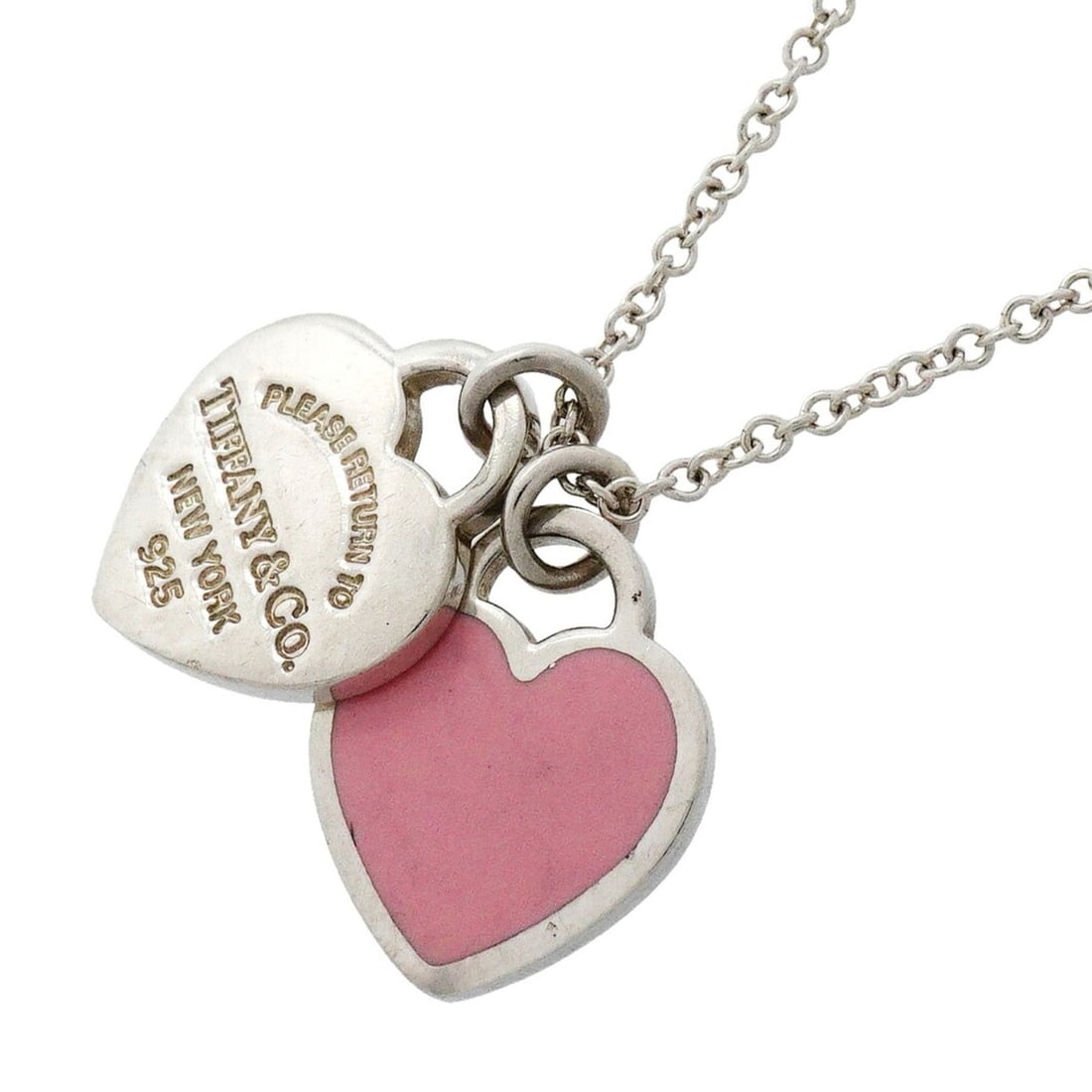 Tiffany & Co. Double Return to Heart Necklace, Sterling Silver 925, Pink, Women's: --- Catalog ---Category: SizePendant Size: 13.9mm x 13.9mm / 0.54'' x 0.54''Neck Circumference: 41 cm / 16.14''Category: DesignColor: PinkGender: WomenMaterial: Silver 925Necklace Type: NecklaceCatego