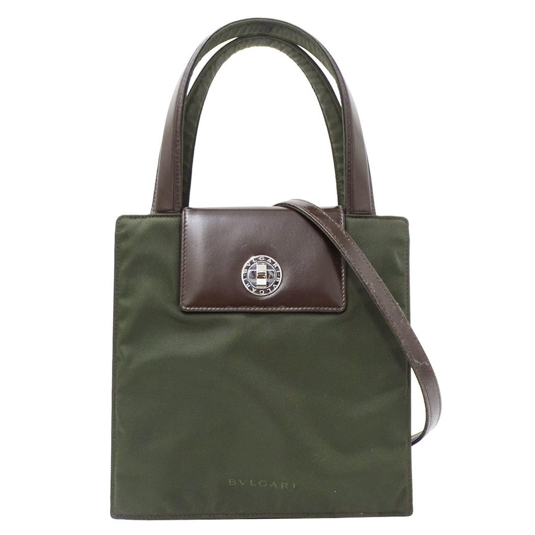 BVLGARI handbag for women, brand name, handbag/shoulder bag, 2-way, Classico, leather/canvas, khaki: --- Catalog ---Category: SizeSize (HxWxD): 24cm x 24.5cm x 13cm / 9.44'' x 9.64'' x 5.11''Category: DesignType: Shoulder bagColor: Green, KhakiGender: WomenMaterial: Leather , Canvas Category: General
