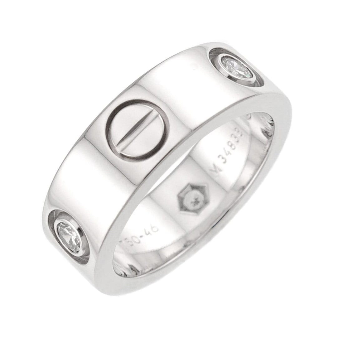 Cartier Love Ring #46, Half Diamond 3P, 18K WG White Gold 750, LOVE: --- Catalog ---Category: SizeUS Size: 3.5Brand Size: 46Category: DesignType: Band ringGender: WomenMaterial: White gold (18K)Category: GeneralBrand: Cartier--- Item List ---Section: ConditionRanking: 