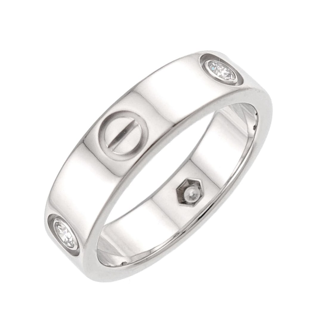 Cartier Love Ring #58, Half Diamond 3P, 18K WG White Gold 750.: --- Catalog ---Category: SizeUS Size: 9Brand Size: 58Category: DesignType: Band ringGender: Women,MenMaterial: White gold (18K)Category: GeneralBrand: Cartier--- Item List ---Section: ConditionRanking