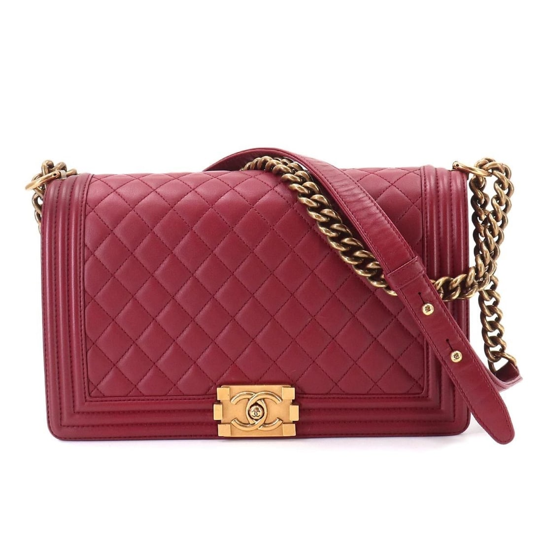 Chanel Boy Large Chain Shoulder Handbag, Lambskin, Bordeaux, Gold Hardware, BOY CHANEL Bag: --- Catalog ---Category: SizeSize (HxWxD): 17cm x 28cm x 7cm / 6.69'' x 11.02'' x 2.75''Category: DesignType: Handbag, Shoulder bagColor: BordeauxGender: WomenMaterial: Leather Leather/Fur Type: Lambs
