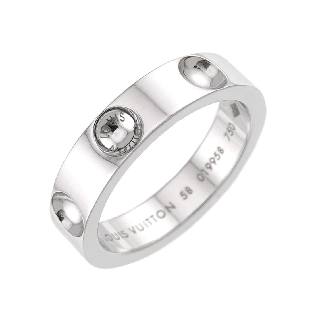 Louis Vuitton Petit Bague Empreinte Ring #58, 18K WG (White Gold 750): --- Catalog ---Category: SizeUS Size: 9Brand Size: 58Category: DesignType: Band ringGender: Women,MenMaterial: White gold (18K)Category: GeneralBrand: Louis Vuitton--- Item List ---Section: ConditionR