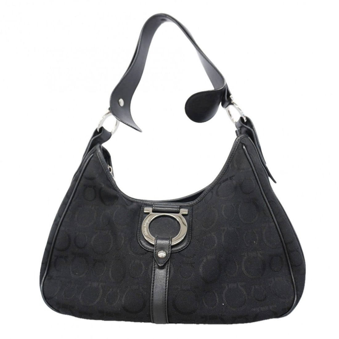 Salvatore Ferragamo Gancini Canvas Shoulder Bag, Black, Women's: --- Catalog ---Category: SizeSize (HxWxD): 18cm x 33cm x 10cm / 7.08'' x 12.99'' x 3.93''Category: DesignType: Shoulder bagColor: BlackGender: WomenMaterial: Canvas Hardware Color: SilverCategory: Gen