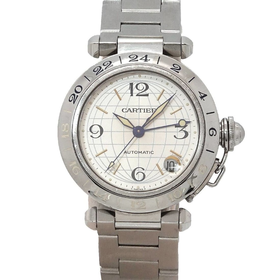 Cartier Pasha C Meridian GMT W31029M7 Boys' Watch, Date, Silver, Automatic Movement: --- Catalog ---Category: SizeWrist Size: 14cm / 5.51''Case Diameter: 35mm / 1.38''Category: DesignType: WristwatchGender: Boys,Men,WomenColor (Dial): SilverMaterial (Band): Stainless steelMaterial (Ca
