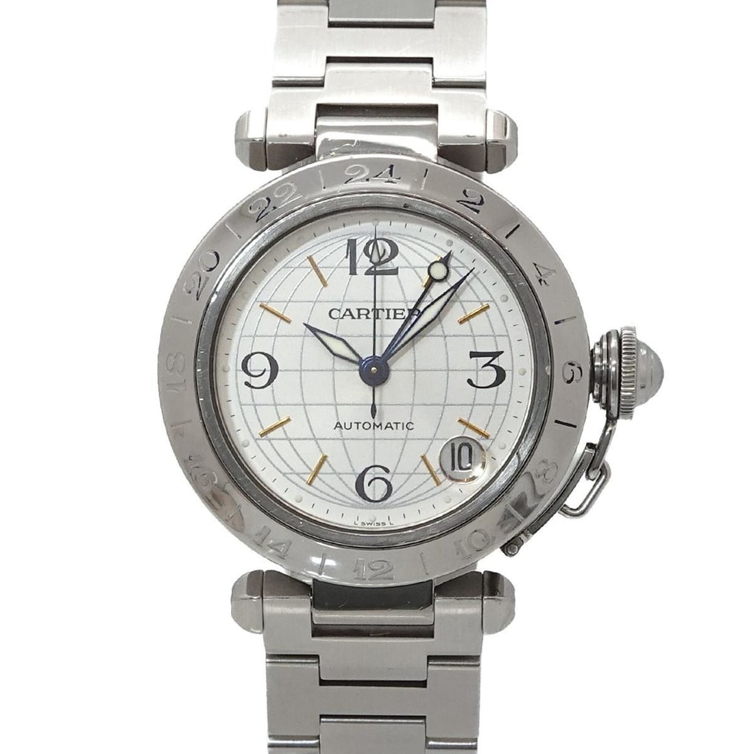 Cartier Pasha C Meridian GMT W31078M7 Boys' Watch, Date, Silver, Automatic Movement: --- Catalog ---Category: SizeWrist Size: 16cm / 6.29''Case Diameter: 35mm / 1.38''Category: DesignType: WristwatchGender: Boys,Men,WomenColor (Dial): SilverMaterial (Band): Stainless steelMaterial (Ca