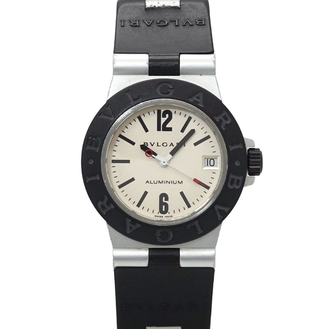 Bulgari BVLGARI Aluminum AL32A Ladies' Watch, Date, Silver, Quartz Watch: --- Catalog ---Category: SizeWrist Size: 13.5cm - 18cm / 5.31'' - 7.08''Case Diameter: 32mm / 1.26''Category: DesignType: WristwatchGender: WomenColor (Dial): SilverMaterial (Band): Aluminum, RubberMa